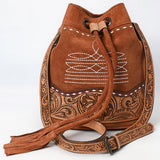 ADBG1656 Tan Suede Bucket Bag with Tooled Leather, White Embroidery & Drawstring Closure