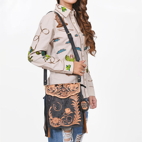 ADBGA1121 American Darling Floral Hand Tooled Leather Fringe Crossbody Purse