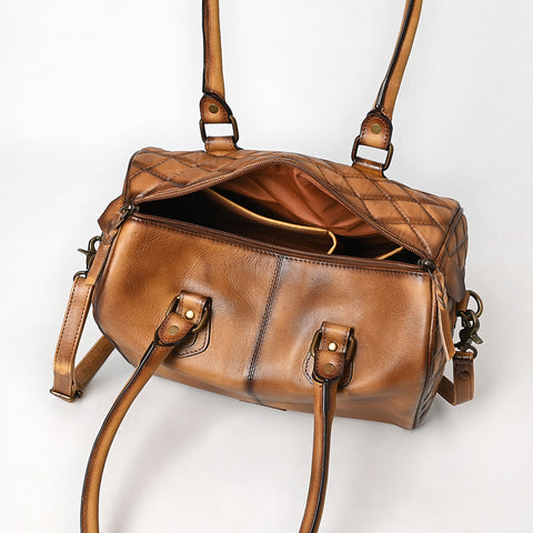 ADBGM596 Quilted Chestnut Brown Genuine Leather Barrel Duffel bag with Dual Handles & Strap