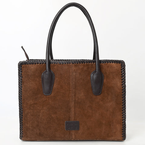 ADBGM484 Genuine suede Western Tote - White Stitch Detail with Braided Trim & Black Leather Handles