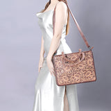 ADBG1173 Floral Hand-Tooled Leather Tote Bag - Braided Handles & Adjustable Strap