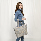ADBG1246 Hand-Tooled Metallic Silver Leather Tote Bag - Western Floral Design with Dual Handles