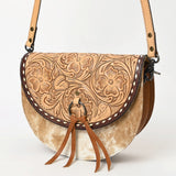 ADBG1529 Round Tooled Leather Saddle Bag - Floral Cowhide Crossbody with Ring-Tie Closure