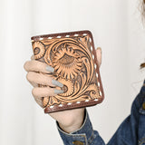 ADBG1249 Hand-Tooled Leather Wallet - Western Floral Carving with Stud Accents