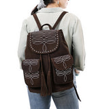 ADBG1640 Brown Suede Embroidered Backpack with Dual Front Pockets and Tassel Drawstring