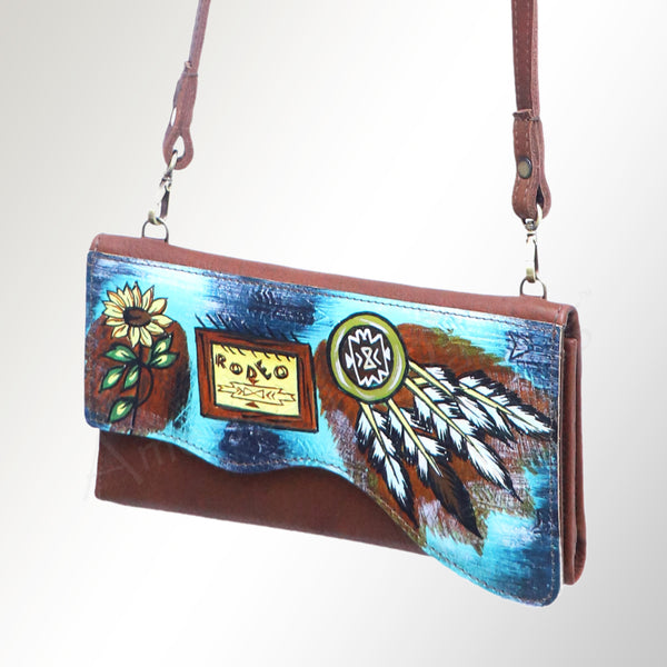 LC-ADBGM179R15 Hand-Painted Leather Crossbody Clutch – Rodeo Dreamcatcher & Sunflower Art