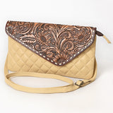 ADBG1672A Tooled Leather Tan Quilted Crossbody Clutch with Sunflower Flap - American Darling