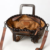 ADBG1298 Cowhide Leather Tote Bag - Tooled Floral Center, Fringe Sides & Structured Handles