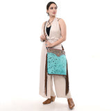 ADBG1493 Turquoise Hair-On Cowhide Western Crossbody Bag with Tooled Leather & Fringe - American Darling