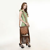 ADBG256 Tooled Leather & Cowhide Fringe Messenger Bag Western Boho Crossbody by American Darling