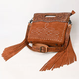 ADBG1584 Suede & Tooled Leather Western Fringe Bag - Embroidered Crossbody with Cutout Handle