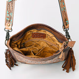 ADBG256 Tooled Leather & Cowhide Fringe Messenger Bag Western Boho Crossbody by American Darling