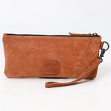 ADBG1652 Tan Suede Wristlet Pouch with White Embroidery & Zip Closure