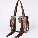 ADBG1086 Western Cowhide Fringe Tote Bag with Tooled Leather Straps-Handcrafted by American Darling