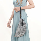 LC-ADBG1233H Hand-Tooled Leather Clutch - Semi-Circle Wristlet with Tassel