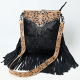 ADBG1580 Black Leather Fringe Crossbody Bag - Hand-Tooled Tan Strap & Yoke | Western Crossbody