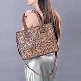 ADBG1173 Floral Hand-Tooled Leather Tote Bag - Braided Handles & Adjustable Strap