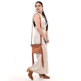 ADBG1648 Brown Suede Fringe Crossbody Bag with Tooled Leather Yoke & White Embroidery