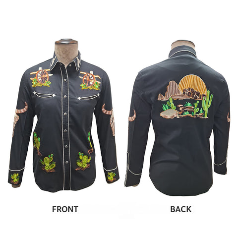 ADSH058 American Darling Black Western Apparel - Embroidered Cotton Lycra Wagon Wheel Top