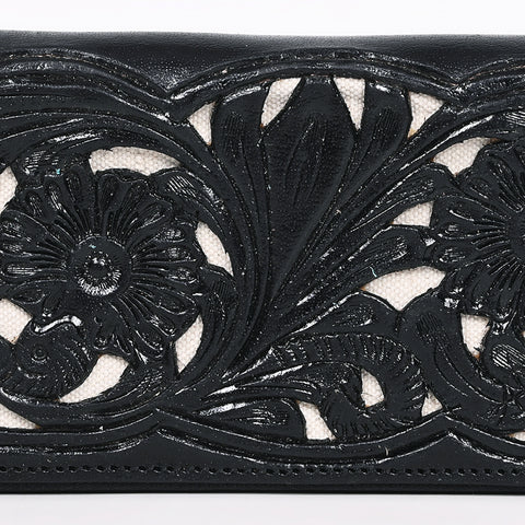 ADBGZ810A Black Hand-Tooled Leather Wallet - Western Floral Zip Wallet with Cream Contrast