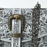 ADBG1535 Western Hand-Tooled Leather Crossbody Bag with Buckle Strap & Chain - Floral Tooled Design