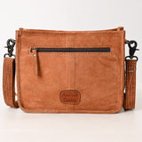 ADBG1651 Tan Suede Fringe Crossbody Bag with Tooled Leather Yoke & White Embroidery