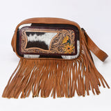 ADBG1524 Tooled Leather & Cowhide Crossbody Fringe Bag - Western Floral with Yellow Daisies