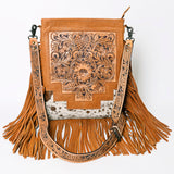 ADBG256 Tooled Leather & Cowhide Fringe Messenger Bag Western Boho Crossbody by American Darling
