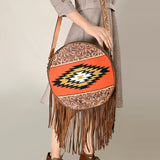 ADBGA486 American Darling Canteen Crossbody Bag Hand-Tooled Leather & Cowhide Western Round Purse