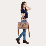 LC-ADBG1258 Tooled Leather Hair-On Hide Handbag - Western Fringe Shoulder Bag
