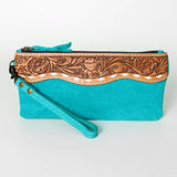 LC-ADBG344 Embossed Leather Wristlet Western Fringe Clutch with Tooled Floral Design