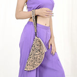 LC-ADBG1233H Hand-Tooled Leather Clutch - Semi-Circle Wristlet with Tassel