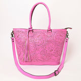 ADBG1246 Hand-Tooled Metallic Silver Leather Tote Bag - Western Floral Design with Dual Handles