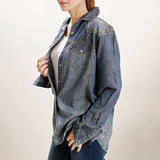 LC-ADSH021 Genuine Leather Hand Tooled Women 100% Cotton Denim Shirt Jacket Dress