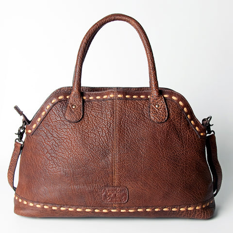 ADBGZ478 Tooled Leather Western Tote Bag - Floral Carving with Turquoise Accent & Dual Handles