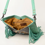 ADBG1199 Mint Fringe Leather Crossbody Bag - Tooled Aztec Design with Gemstone Accents