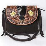 ADBGA660 Western Cowhide & Tooled Leather Suede Crossbody Bag with Floral Accents-Dark Brown