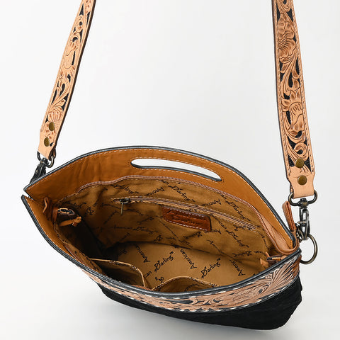 LC-ADBGS145 Tooled Leather & Embossed Black Western Clutch - Convertible Bag with Strap and Handle