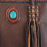 ADBGM348 Leather Tote Bag with Turquoise Concho & Fringe - Handmade Western Braided Strap Purse
