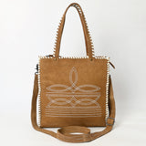 ADBG1590 Suede Western Tote Bag - White Embroidered Whipstitch Purse with Crossbody Strap