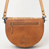ADBG1529 Round Tooled Leather Saddle Bag - Floral Cowhide Crossbody with Ring-Tie Closure