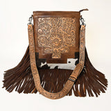 ADBG256 Tooled Leather & Cowhide Fringe Messenger Bag Western Boho Crossbody by American Darling
