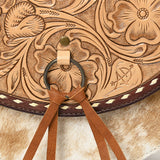 ADBG1529 Round Tooled Leather Saddle Bag - Floral Cowhide Crossbody with Ring-Tie Closure