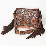 ADBG323 Hand-Tooled Leather Crossbody Bag with Floral Daisies & Fringe Strap | American Darling