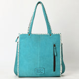 ADBG1590 Suede Western Tote Bag - White Embroidered Whipstitch Purse with Crossbody Strap