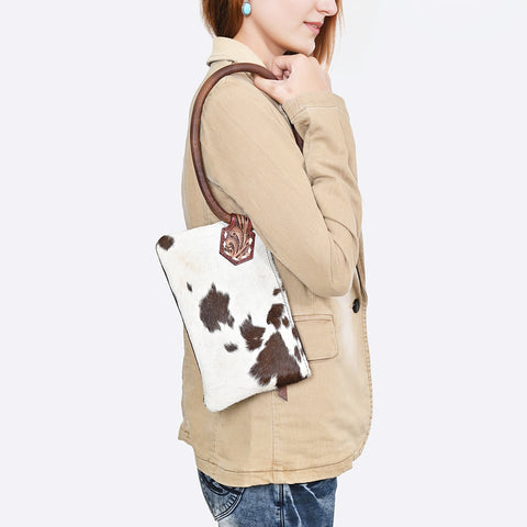 ADBG1841 American Darling Western Wristlet Bag with Hair-On Cowhide and Hand-Tooled Floral Detail