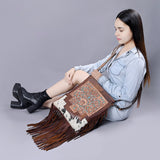 ADBG256 Tooled Leather & Cowhide Fringe Messenger Bag Western Boho Crossbody by American Darling