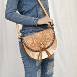 ADBG1529 Round Tooled Leather Saddle Bag - Floral Cowhide Crossbody with Ring-Tie Closure