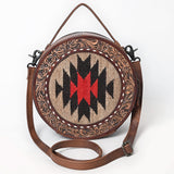 ADBG1785 Round Tooled Leather Canteen Bag with Southwestern Wool Pattern & Top Handle