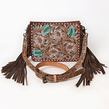 ADBG323 Hand-Tooled Leather Crossbody Bag with Floral Daisies & Fringe Strap | American Darling